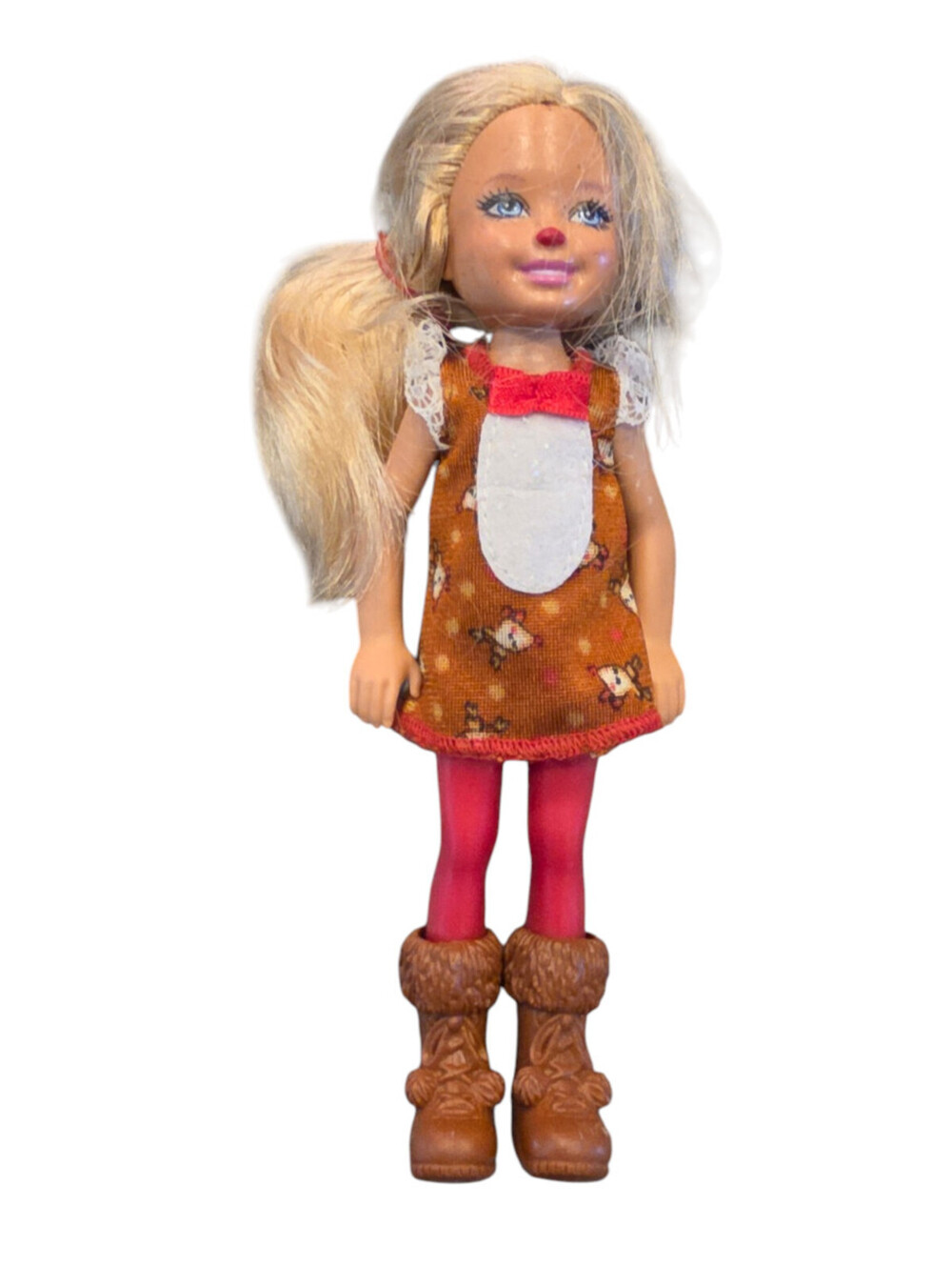 Barbie Chelsea doll dressed in a reindeer-themed holiday outfit